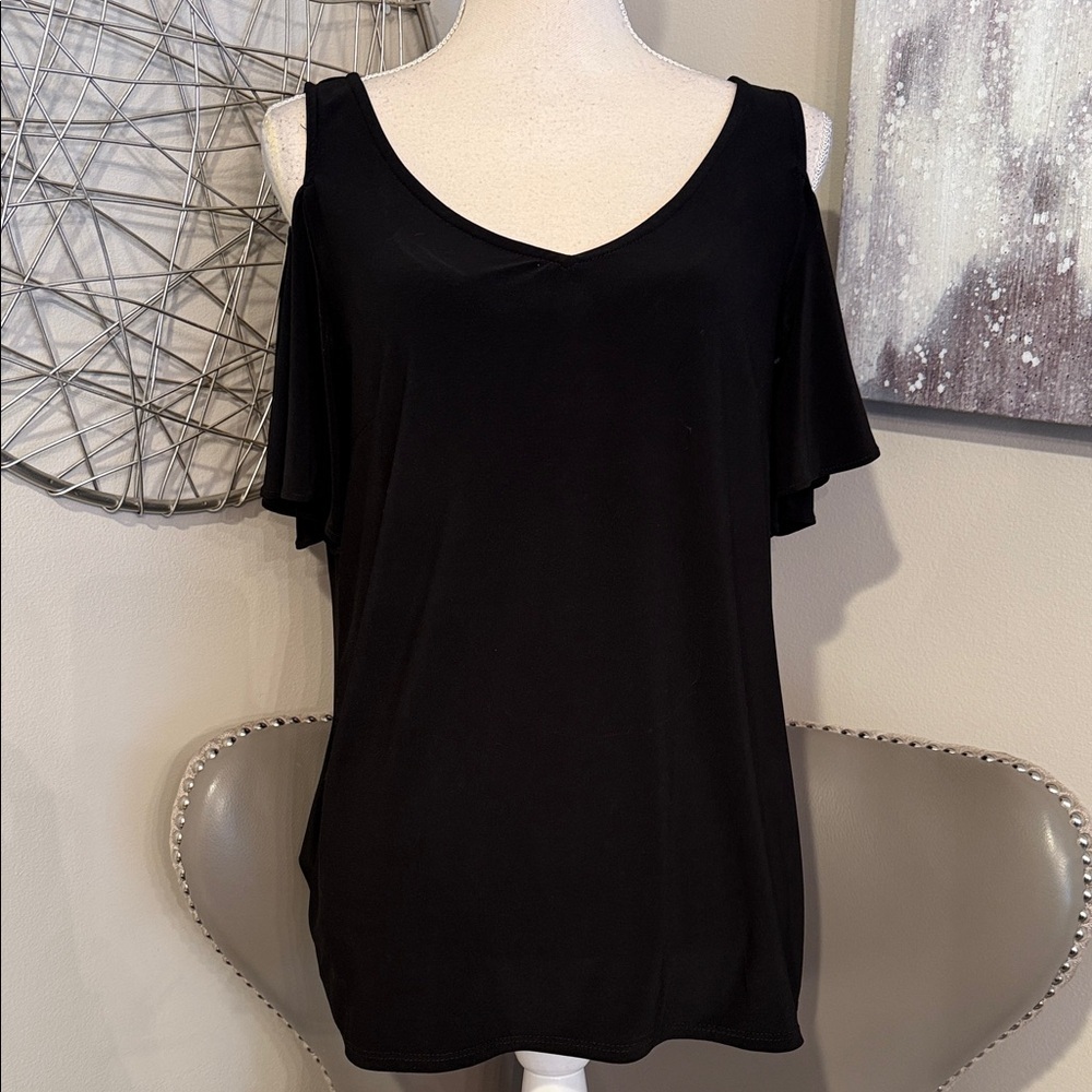 Black Cold-Shoulder V-Neck Women's Top